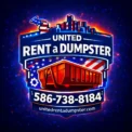 Patriotic-themed advertisement for United Rent a Dumpster featuring a red dumpster, an American flag background, a U.S. map graphic, and the company’s contact information: 586-738-8184 and unitedrentadumpster.com.